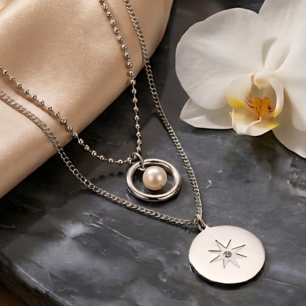 18k White Gold Star Pearl Layered Necklace Celestial Coquette Whimsigoth